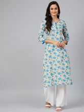 Women White Blue Floral Screen Printed Straight Kurta